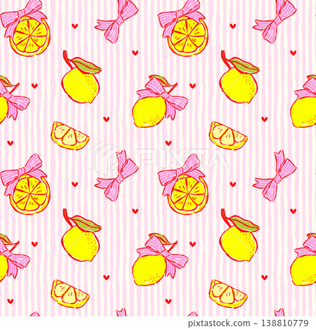 Preppy Coquette Girly Yellow Lemon Summer Seamless Pattern isolated on Pink Stripes Whimsical Hand Drawn 138810779