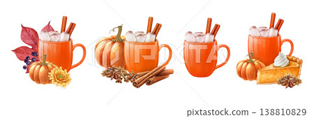 Pumpkin spice latte watercolor set with marshmallow, cinnamon and autumn elements, isolated on white background. Hand drawn cozy fall clipart perfect for Thanksgiving, prints, seasonal design 138810829
