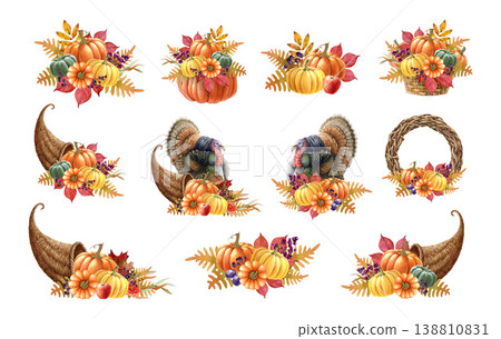 Thanksgiving clipart set with pumpkin leaves, fruits, turkey and cornucopia. Thanksgiving clipart for autumn decor, harvest wreath, warm tones, isolated elements on white background illustration 138810831