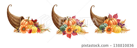 Thanksgiving cornucopia clipart set with pumpkin leaves berries fruits, thanksgiving cornucopia clipart for fall decor and invitation, harvest arrangement, isolated background watercolor illustration 138810836