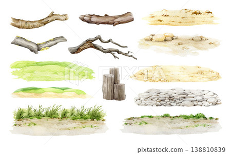 Ground texture clipart with grass rocks branches logs, ground texture clipart for nature landscape design and game scene, forest floor elements. Isolated white background watercolor illustration 138810839