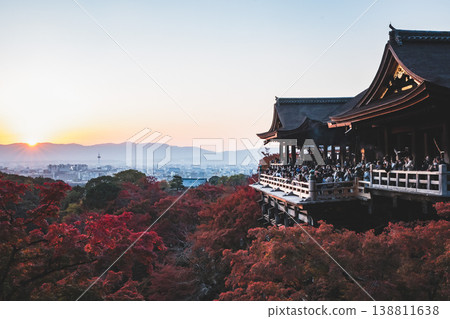 Kyoto, Kiyomizu-dera Temple: Kiyomizu Stage and autumn leaves, sunset and view of Kyoto city. Kyoto, Kiyomizu-dera Temple: Kiyomizu Stage and autumn leaves, sunset and view of Kyoto city. 138811638