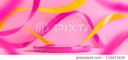3D podium with bright flowing ribbon waves 3D podium with bright flowing ribbon waves 138811836