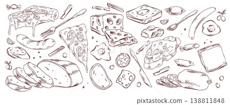 Breakfast food sketches on white background Breakfast food sketches on white background 138811848
