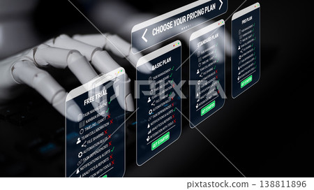 Digital interface showcasing pricing plans with futuristic elements and a robotic hand interacting with transparent screens featuring different subscription options Quark 138811896
