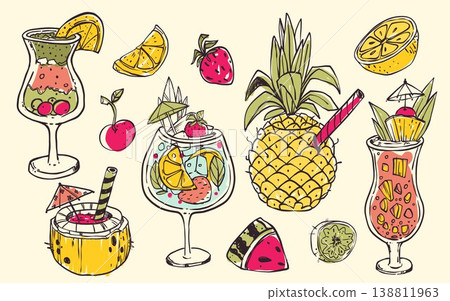 Hand drawn tropical cocktails sketch set 138811963