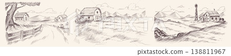 Hand drawn farm landscapes, sketch countrysides 138811967