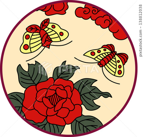 Circular Hanafuda cards featuring peonies and butterflies Circular Hanafuda cards featuring peonies and butterflies 138812038