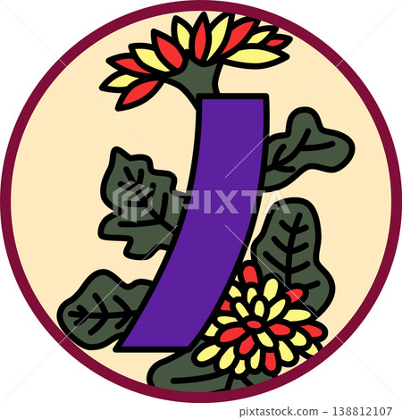 圓形花札牌，圖案為菊花和藍色條紋 138812107