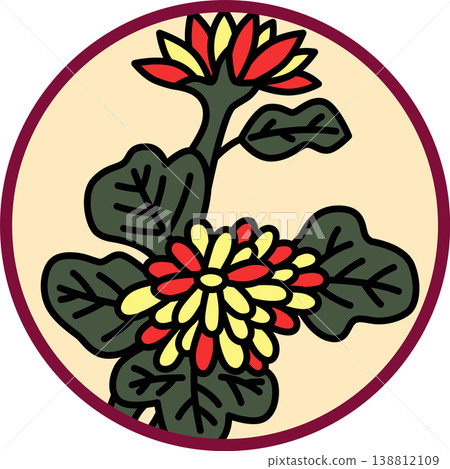 A circular Hanafuda card featuring a chrysanthemum and dregs. A circular Hanafuda card featuring a chrysanthemum and dregs. 138812109