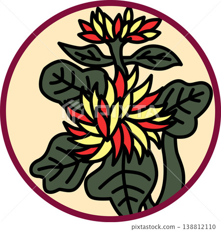 A circular Hanafuda card featuring a chrysanthemum and dregs. A circular Hanafuda card featuring a chrysanthemum and dregs. 138812110