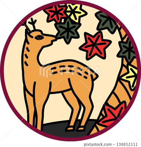 A circular Hanafuda card featuring autumn leaves and a deer. A circular Hanafuda card featuring autumn leaves and a deer. 138812111