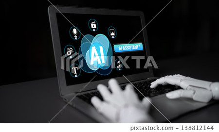 Robotic Hand Operating Laptop Displaying AI Assistant Features and Icons Illustrating Advanced Technology in Modern Digital Environment Quark 138812144