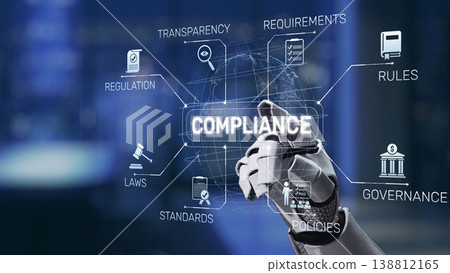 Artificial Intelligence and Compliance Concept with Digital Interface Showing Regulations, Requirements, Governance, and Standards in Business Environment Synapse Artificial Intelligence and Compliance Concept with Digital Interface Showing Regulations, Requirements, Governance, and Standards in Business Environment Synapse 138812165