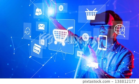 Young man interacting with virtual reality technology in an immersive environment showcasing digital shopping and communication interfaces in vibrant colors. Raster Young man interacting with virtual reality technology in an immersive environment showcasing digital shopping and communication interfaces in vibrant colors. Raster 138812177