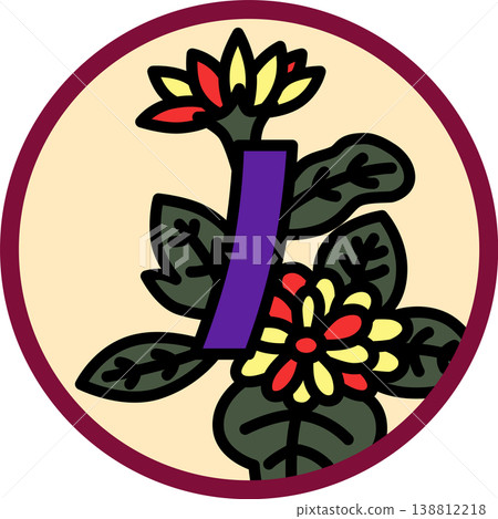 圓形花札牌，圖案為菊花和藍色條紋 138812218