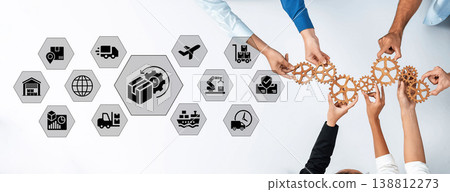 Hands Collaborating with Gears and Icons to Represent Logistic Solutions, Supply Chain Management, and Teamwork in Business Operations Ledger 138812273