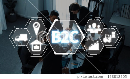 Business to Consumer Strategy Meeting with Hexagonal Icons Representing Marketing, Logistics, and Customer Engagement for Enhanced Collaboration and Innovation. Raster 138812305