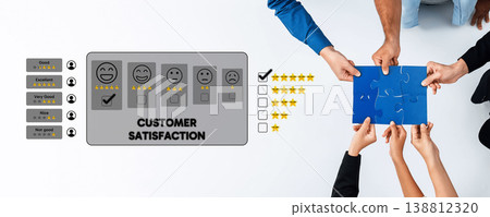 Hands Collaborating on Customer Satisfaction Survey with Emoji Feedback and Puzzle Piece Concept for Business Improvement Strategies Trope Hands Collaborating on Customer Satisfaction Survey with Emoji Feedback and Puzzle Piece Concept for Business Improvement Strategies Trope 138812320