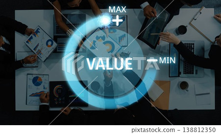 Business professionals analyzing data together with charts and graphs showcasing value metrics and performance indicators in a modern office environment. Raster 138812350
