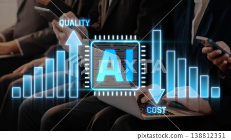Professionals in a business meeting analyze the impact of artificial intelligence on cost and quality, emphasizing modern technology trends and data-driven decisions. Sigmoid 138812351