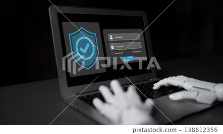 Robot Hand Interacting with Laptop Login Interface Displaying Security Shield Icon and Input Fields for Username and Password for Cybersecurity Concept Gantry 138812356
