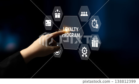 Interactive Touchscreen Display for Loyalty Program with Business Icons and Hand Gesture in Modern Technology Environment Ledger Interactive Touchscreen Display for Loyalty Program with Business Icons and Hand Gesture in Modern Technology Environment Ledger 138812399