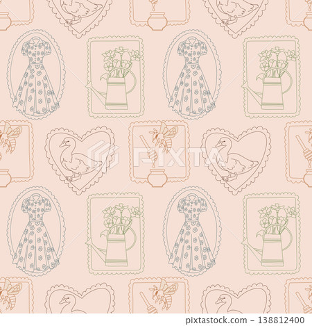 A vintage cottagecore seamless pattern with framed elements on a cream background. Features a vintage dress, flowers in watering can, goose, and bee with honey. Line art style A vintage cottagecore seamless pattern with framed elements on a cream background. Features a vintage dress, flowers in watering can, goose, and bee with honey. Line art style 138812400