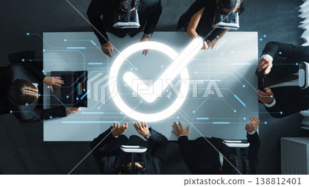 Business Team Collaborating with Virtual Technology and Digital Checkmark, Symbolizing Success and Achievement in Modern Work Environment. Raster Business Team Collaborating with Virtual Technology and Digital Checkmark, Symbolizing Success and Achievement in Modern Work Environment. Raster 138812401