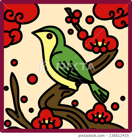Square Hanafuda cards featuring plum blossoms and nightingales. Square Hanafuda cards featuring plum blossoms and nightingales. 138812435