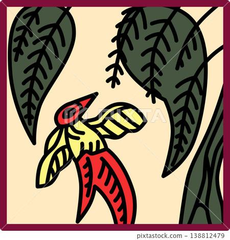 Square Hanafuda cards featuring a swallow on a horse chestnut background. Square Hanafuda cards featuring a swallow on a horse chestnut background. 138812479