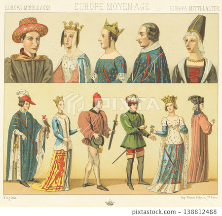 Illustrations of medieval European folk costumes Illustrations of medieval European folk costumes 138812488