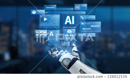 Advanced Robotic Hand Displaying Digital Interface Representing Artificial Intelligence Concepts and Tools for Technology and Innovation Synapse Advanced Robotic Hand Displaying Digital Interface Representing Artificial Intelligence Concepts and Tools for Technology and Innovation Synapse 138812539