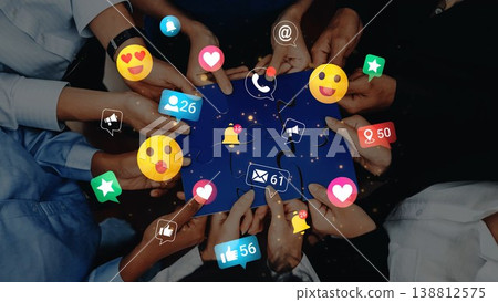 Group of diverse hands assembling a puzzle with social media icons, representing teamwork, collaboration, and modern digital communication in a creative setup Gluon Group of diverse hands assembling a puzzle with social media icons, representing teamwork, collaboration, and modern digital communication in a creative setup Gluon 138812575