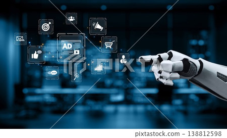 Robotic Hand Interacting with Digital Marketing Icons in Modern Office Setting, Symbolizing the Future of Advertising and Technology Integration Synapse Robotic Hand Interacting with Digital Marketing Icons in Modern Office Setting, Symbolizing the Future of Advertising and Technology Integration Synapse 138812598