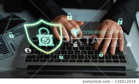 Hands Typing on Laptop with Cybersecurity Icons, Data Protection Symbols, Shield, and Lock, Illustrating Digital Security and Online Safety Concepts Gluon Hands Typing on Laptop with Cybersecurity Icons, Data Protection Symbols, Shield, and Lock, Illustrating Digital Security and Online Safety Concepts Gluon 138812638