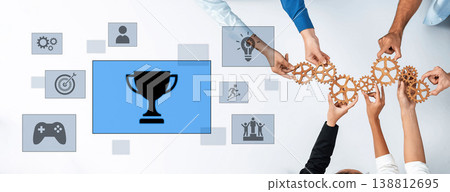 Collaborative Teamwork for Achievement and Success with Gears, Trophy, and Icons Representing Ideas, Goals, Sports, and Progress Trope Collaborative Teamwork for Achievement and Success with Gears, Trophy, and Icons Representing Ideas, Goals, Sports, and Progress Trope 138812695