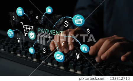 Hands typing on keyboard with digital payment icons and successful transaction notification on sleek black background of online shopping and finance concept Gluon Hands typing on keyboard with digital payment icons and successful transaction notification on sleek black background of online shopping and finance concept Gluon 138812713