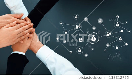 Diverse Hands Coming Together in Collaboration with Data Visualization Elements Depicting Networking and Relationships in a Modern Business Environment Gluon 138812755