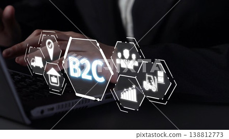 B2C Business Model with Consumer Delivery, Retail, and Growth Icons Muxer 138812773