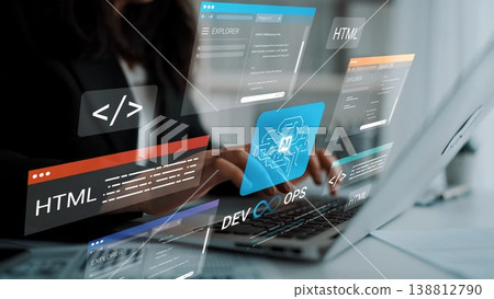 Modern Workspace with Laptop and Digital Overlays Showcasing HTML, AI, and DevOps Technologies in a Professional Environment Gluon Modern Workspace with Laptop and Digital Overlays Showcasing HTML, AI, and DevOps Technologies in a Professional Environment Gluon 138812790