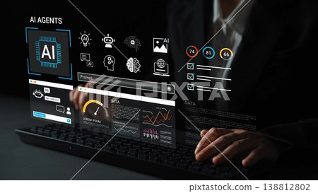 Business professional interacting with virtual AI data interface showcasing analytics, graphs, and machine learning concepts in a modern workspace Gluon 138812802