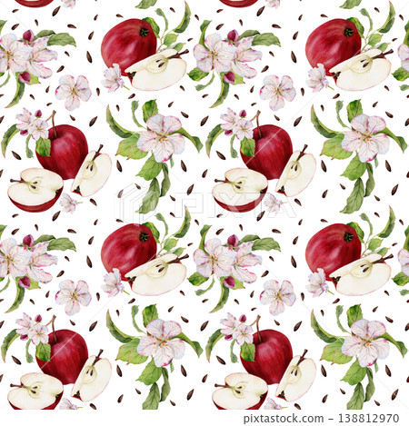 Seamless watercolor pattern with red apples, apple blossoms, slices and seeds, hand painted repeating fruit background isolated on white, decorative design for food packaging, textile and fabric Seamless watercolor pattern with red apples, apple blossoms, slices and seeds, hand painted repeating fruit background isolated on white, decorative design for food packaging, textile and fabric 138812970