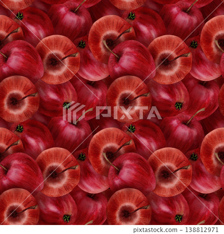 Seamless watercolor pattern with overlapping red apples, hand painted repeating fruit background with rich texture, decorative food design ideal for packaging, textile, fabric and kitchen decor Seamless watercolor pattern with overlapping red apples, hand painted repeating fruit background with rich texture, decorative food design ideal for packaging, textile, fabric and kitchen decor 138812971