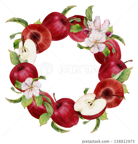 Watercolor wreath with red apples, slices, blossom flowers and green leaves forming round fruit frame with copy space, botanical composition isolated on white for juice labels and food packaging 138812973