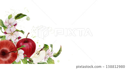 Hand painted watercolor apple composition with red apples, slices, blossom flowers and green leaves, botanical design isolated on white for juice packaging, jam labels and food branding Hand painted watercolor apple composition with red apples, slices, blossom flowers and green leaves, botanical design isolated on white for juice packaging, jam labels and food branding 138812980