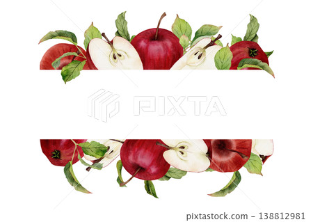 Watercolor red apples with slices and green leaves forming horizontal fruit borders with copy space, decorative botanical composition isolated on white background for juice packaging and food design Watercolor red apples with slices and green leaves forming horizontal fruit borders with copy space, decorative botanical composition isolated on white background for juice packaging and food design 138812981