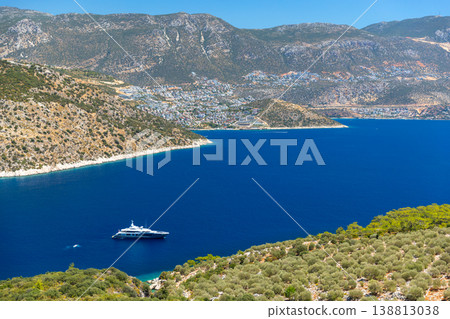 A panoramic scene with deep blue sea and luxury yacht A panoramic scene with deep blue sea and luxury yacht 138813038