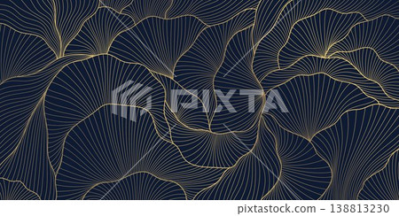 Luxury Art Deco pattern, elegant gold line shells, geometric floral wave elements on blue background. Vintage vector design 1920s, 1930s retro style, wallpaper, cocktail party card, awards. Luxury Art Deco pattern, elegant gold line shells, geometric floral wave elements on blue background. Vintage vector design 1920s, 1930s retro style, wallpaper, cocktail party card, awards. 138813230