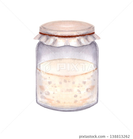 Sourdough starter in glass jar, fermentation illustration watercolor isolated on white, natural bread culture with bubbles, homemade baking concept for artisan bakery, cooking, recipes, food design 138813262
